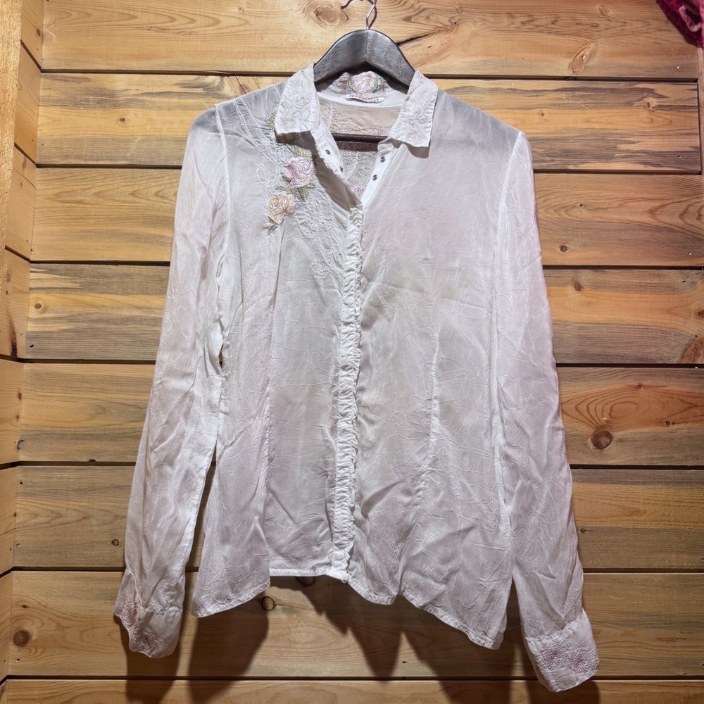Johnny Was Embroidered Life & Liberty Sheer Blouse Flowers Wedding Bridal Btn Up - Picture 2 of 10